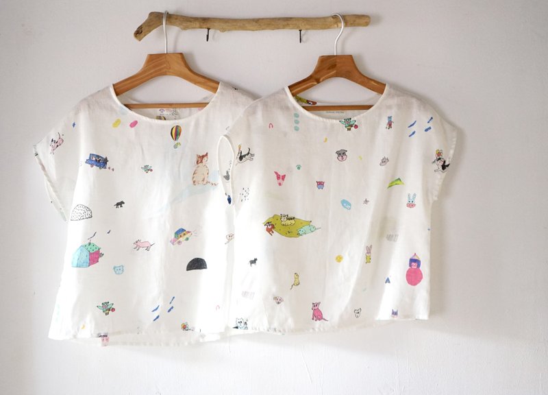 补货到 YINKE WORLD小狗、星星好大、大象、小猫印花布 亚麻短袖 - 女装上衣 - 棉．麻 白色