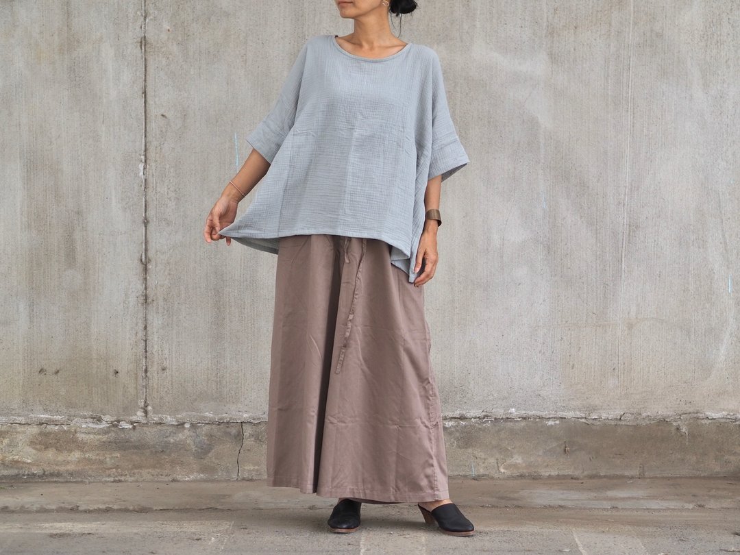 Wide pants with waist adjustment with greige / long string - 女装长裤 - 其他材质 灰色