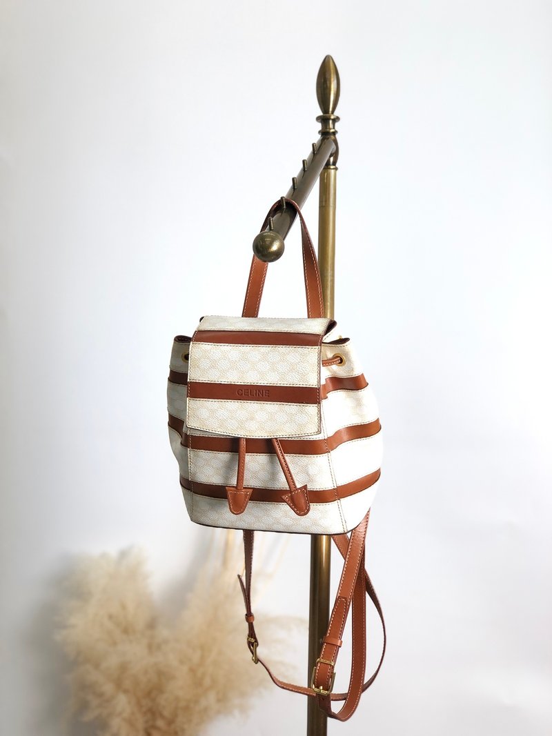 【VintageShop solo 日本直送中古包专卖店】CELINE 赛琳 经典老花帆布后背包 白色 PVC 皮革 条纹 复古 zpxaay - 后背包/双肩包 - 防水材质 白色