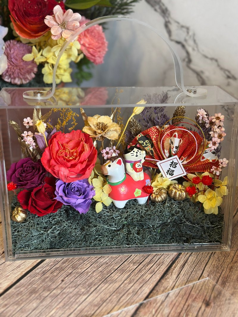 马年招财猫福气满满迎新年透明手提花盒 - 干燥花/捧花 - 植物．花 红色