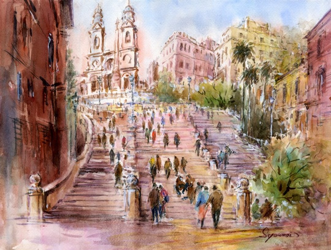 Watercolor painting Homage Spanish Steps / Rome - 海报/装饰画/版画 - 纸 咖啡色