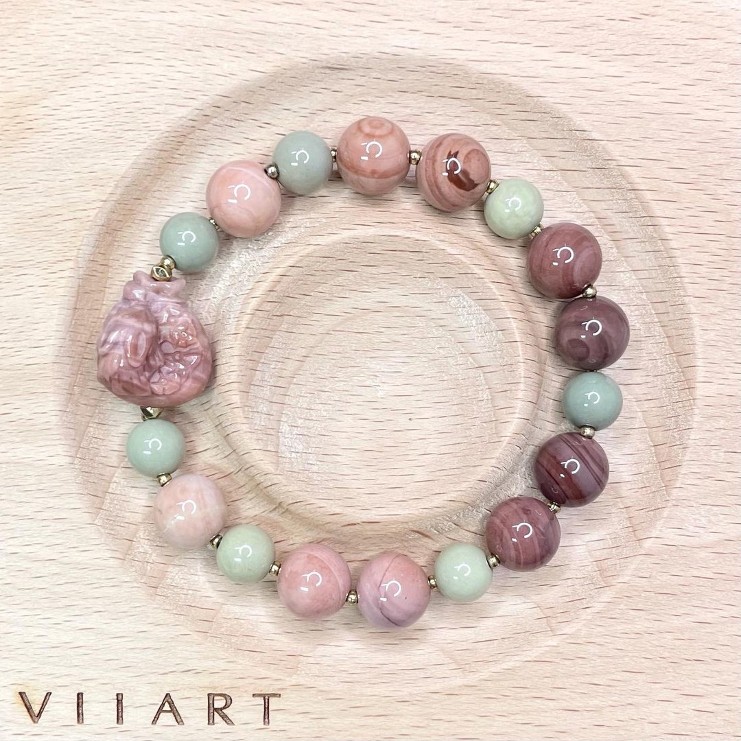 VIIART贰馆。兔子的小花园。阿拉善玛瑙手环手串|一物一拍千层 - 手链/手环 - 玉石 粉红色
