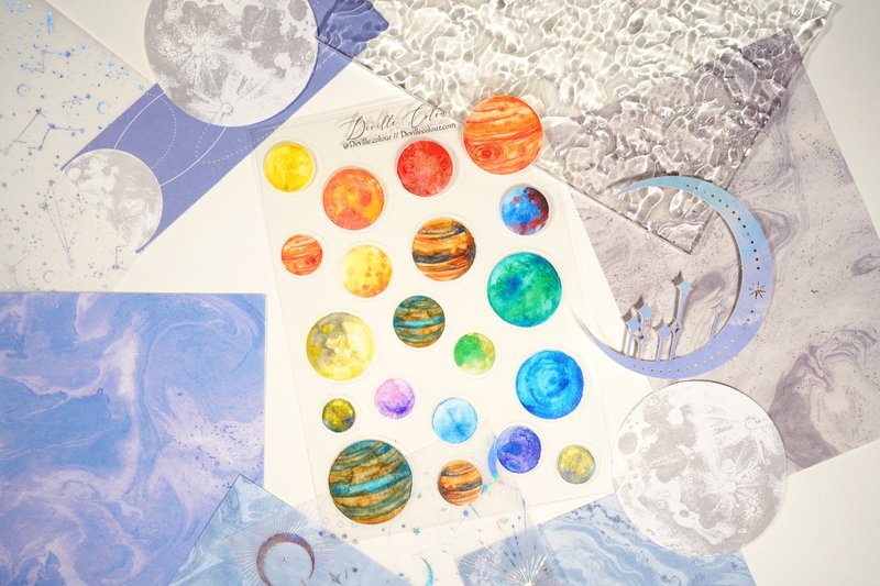 【Lunatic Planet】宇宙 星球 星夜 水彩插画 PET贴纸 手帐 装饰 - 贴纸 - 纸 多色