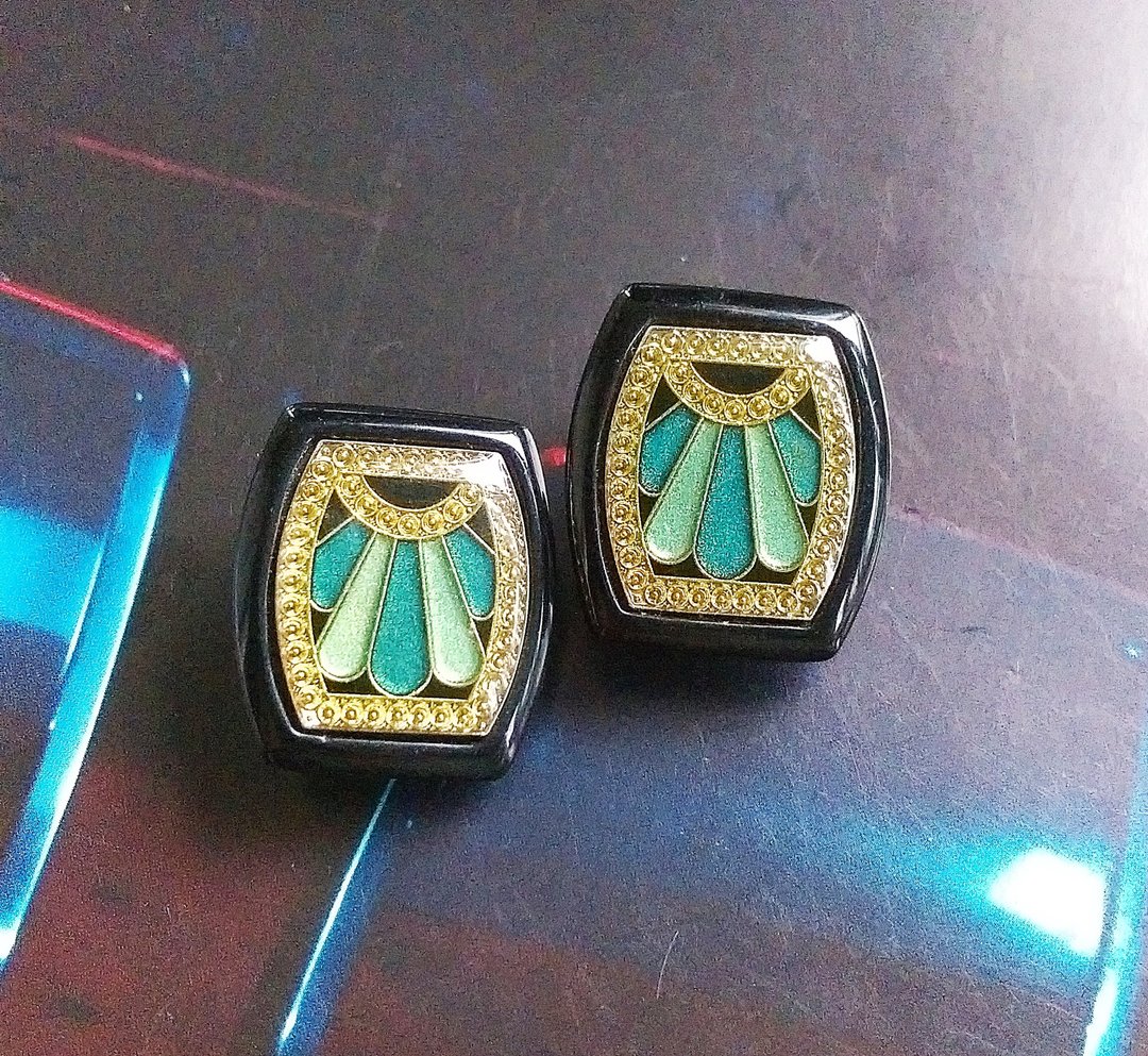 【西洋古董饰品 】黑色调  ART DECO 艺术个性 夹式耳环 - 耳环/耳夹 - 其他材质 金色