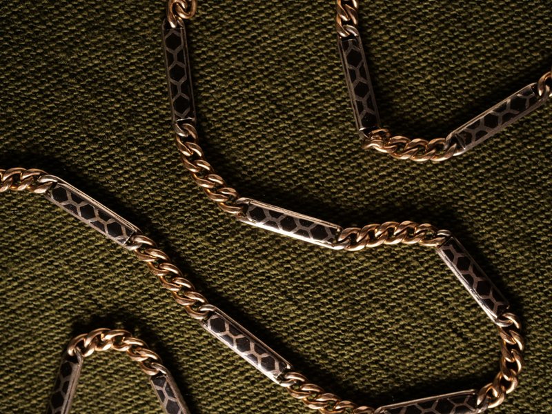 1920s 法国 装饰艺术时期 几何纹理乌银怀表链 - 项链 - 银 黑色