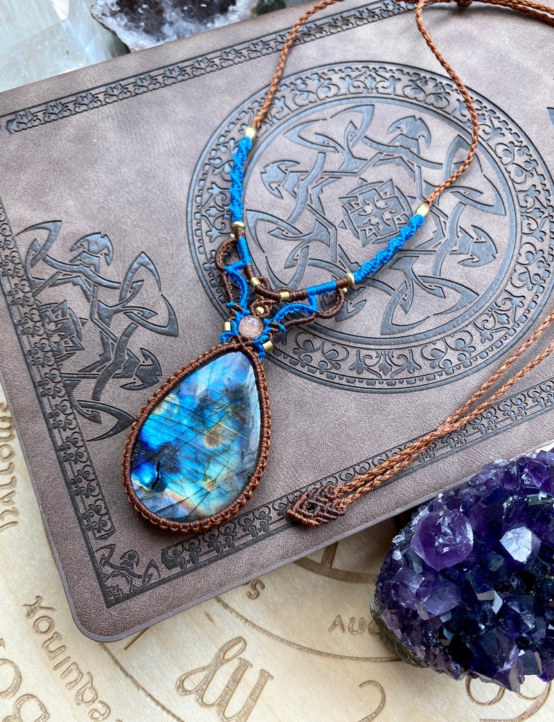 P198 波希米亚风 南美蜡线编织 拉长石 太阳石珠 铜珠 项链 - 项链 - 宝石 咖啡色