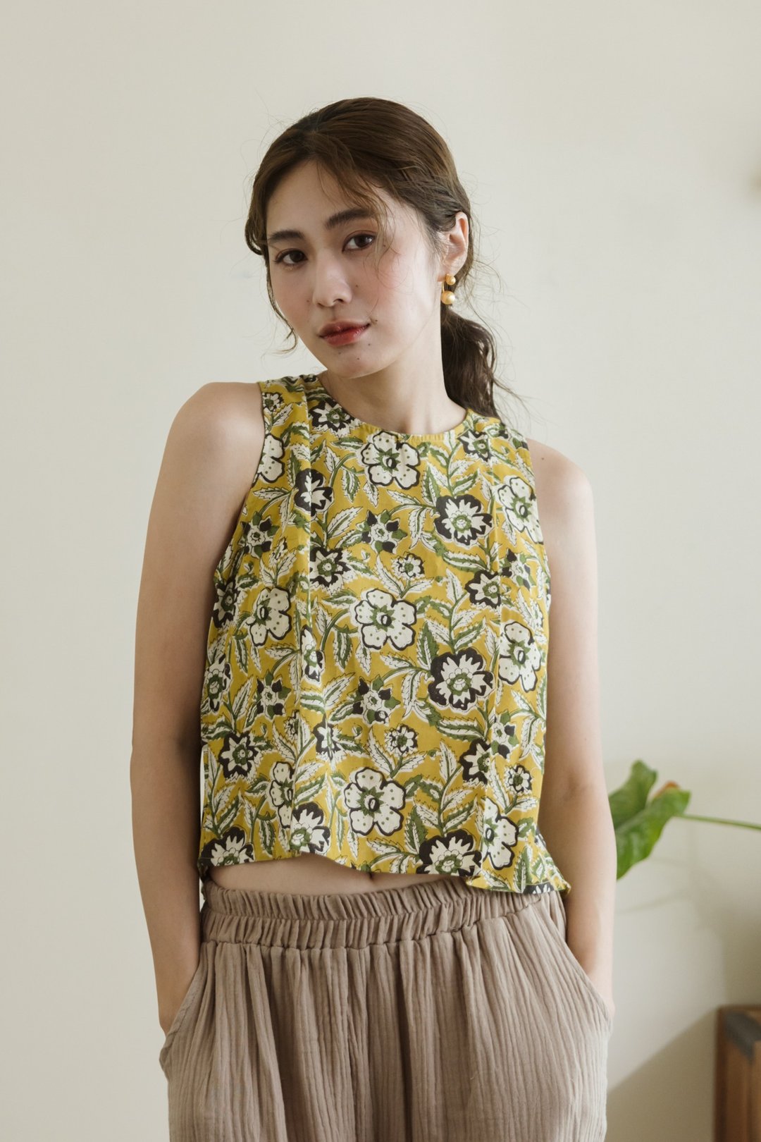 木刻印无袖上衣_黄花 - 女装背心 - 棉 黄色