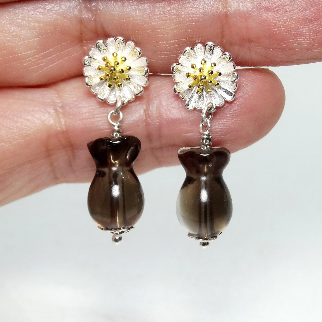 耳环 茶晶 水晶 茶水晶 925银饰 花瓶 花 宝石 饰品 首饰 - 耳环/耳夹 - 宝石 