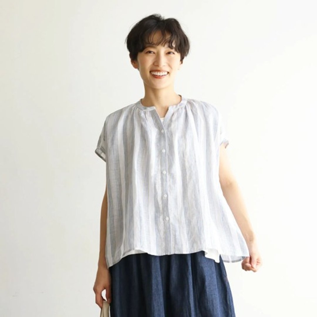 100%亚麻条纹罩衫 简约休闲上衣 自然皱感 日系休闲 240624-1 - 女装上衣 - 棉 