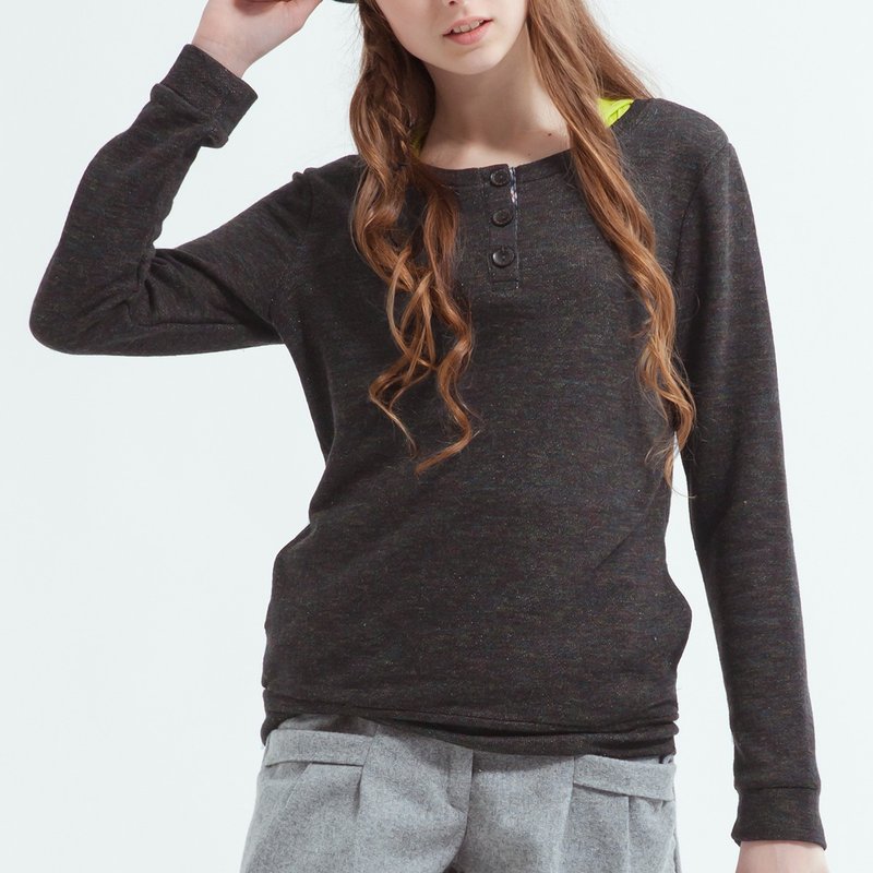 大圆领木扣半开襟隐藏式双插袋大学T-麻花黑 - 中性连帽卫衣/T 恤 - 棉．麻 黑色