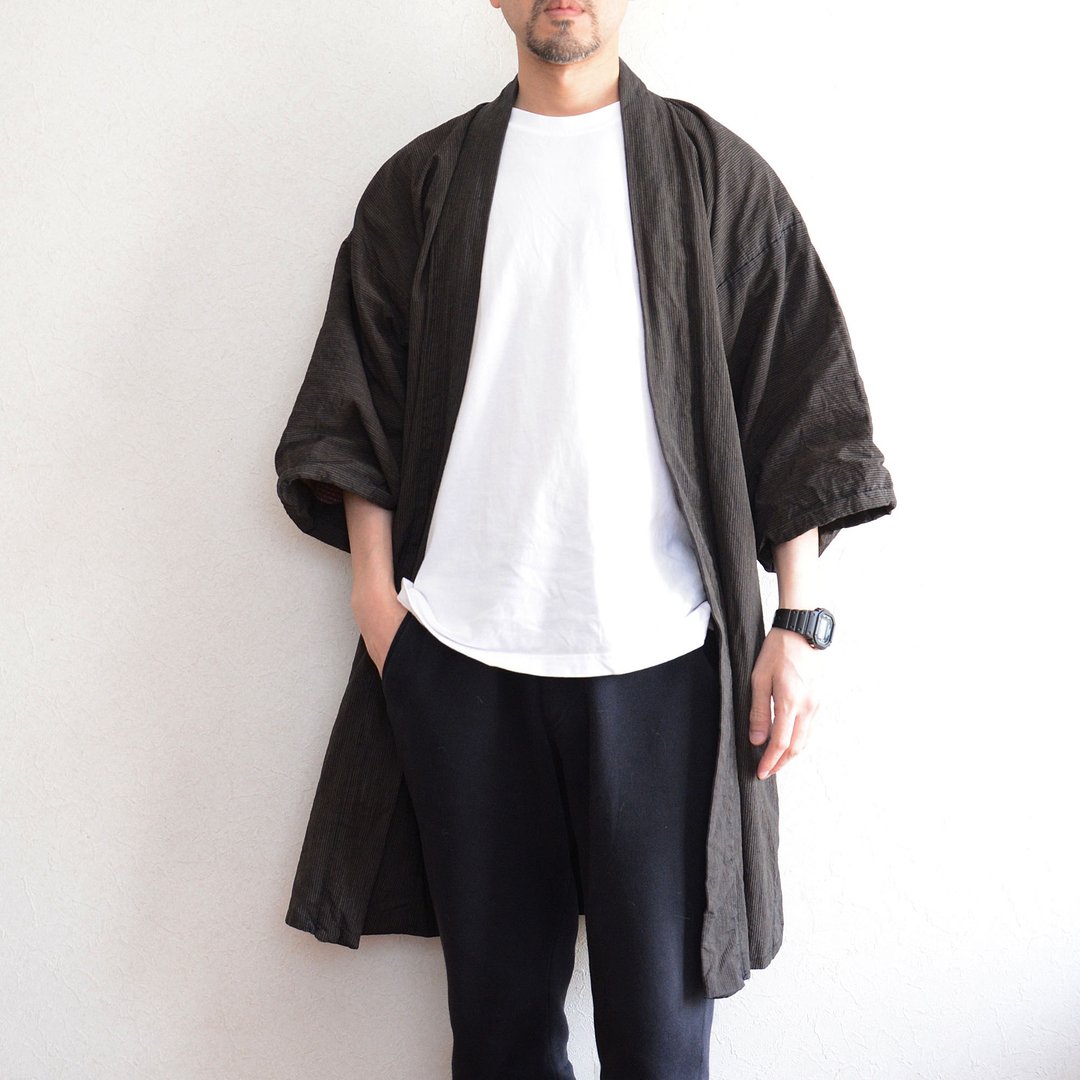 羽织 男士 和服 古布 棉质 条纹 图案 再制素材 古董 日本古着 卍字崩纹 - 男装外套 - 棉 