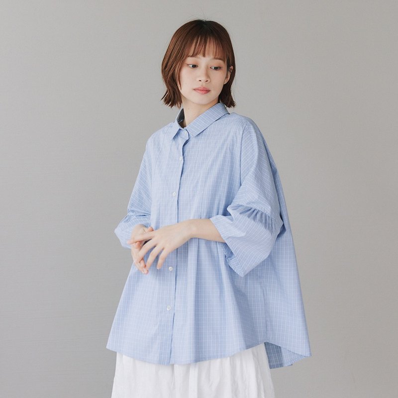 【Simply Yours】澎袖裙摆小格子衬衫 蓝F - 女装衬衫 - 其他材质 蓝色