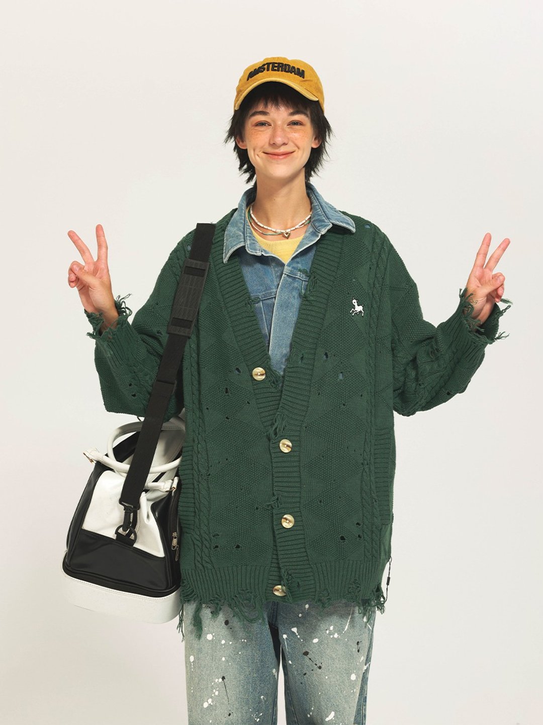 UNVESNO虫蚀破洞小羊刺绣开衫毛衣简约宽松休闲针织衫 SWS-1585 - 男装针织衫/毛衣 - 棉 绿色