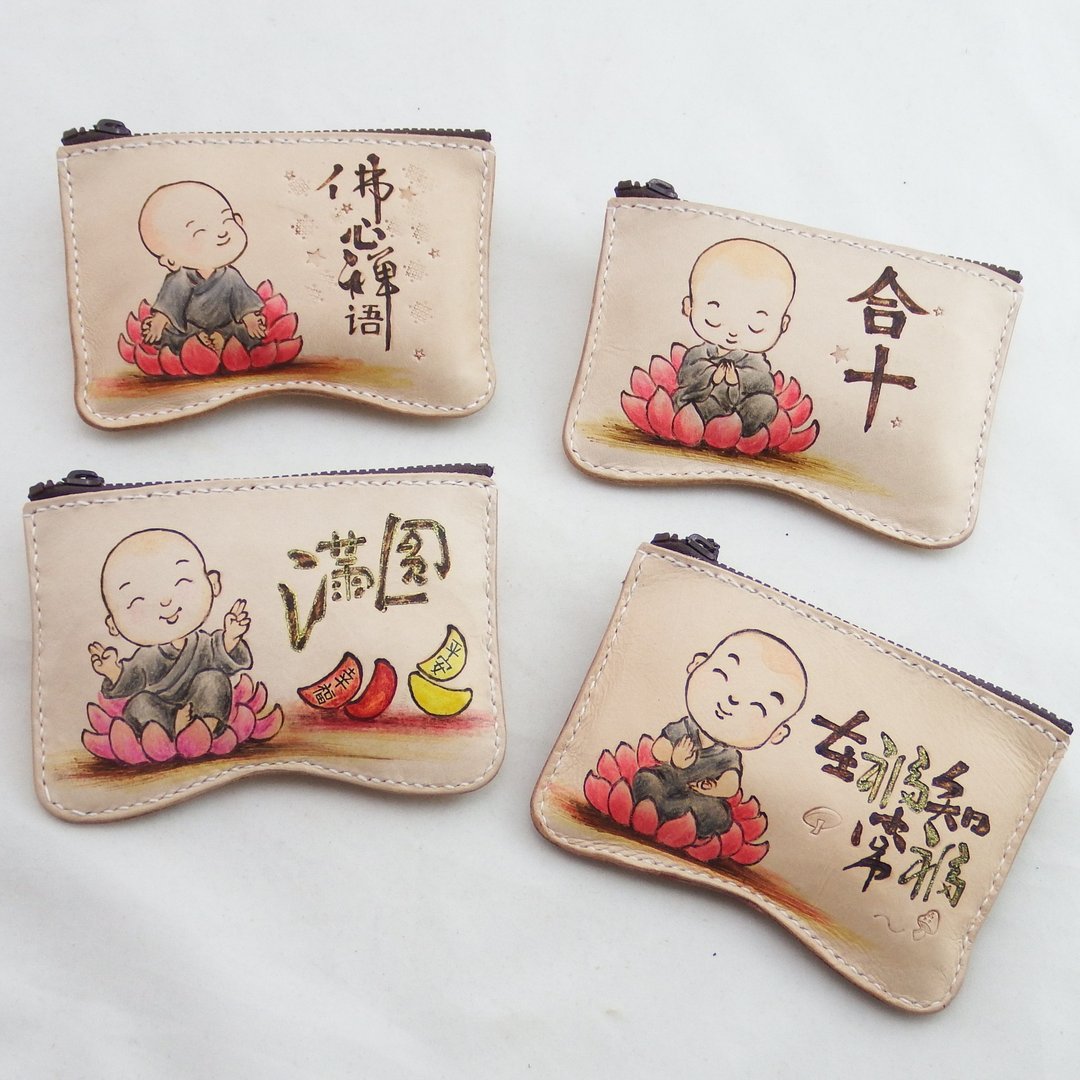 手作植鞣皮革零钱包 小沙弥系列1 - 零钱包 - 真皮 咖啡色
