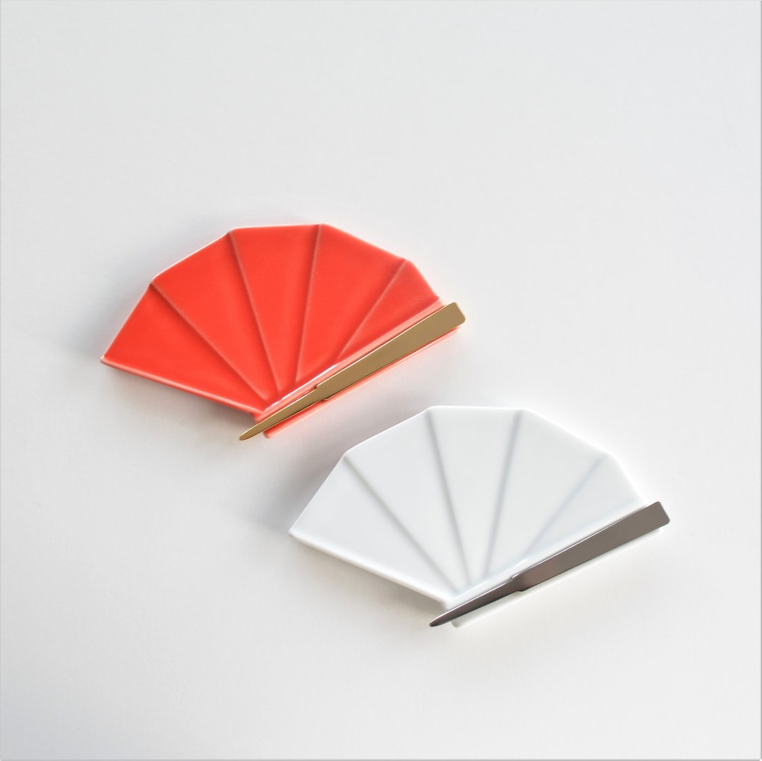 Folding fan plate and Stainless Steel pick set Glossy white / vermilion pick sv / gd Japanese style | Tradition | Tea ceremony | - 盘子/餐盘/盘架 - 陶 红色