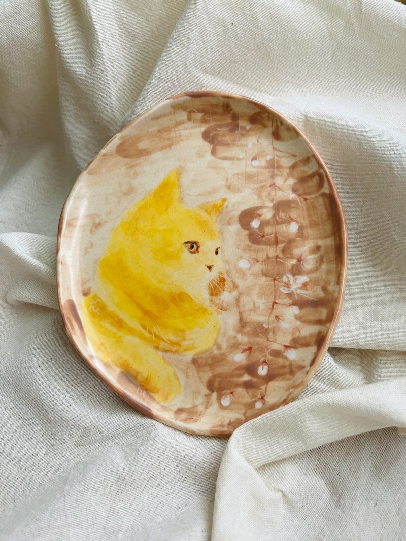 猫010-凝视 垂茉莉花  手绘陶 19.3 x 16.3 x 1.5 cm - 摆饰 - 陶 