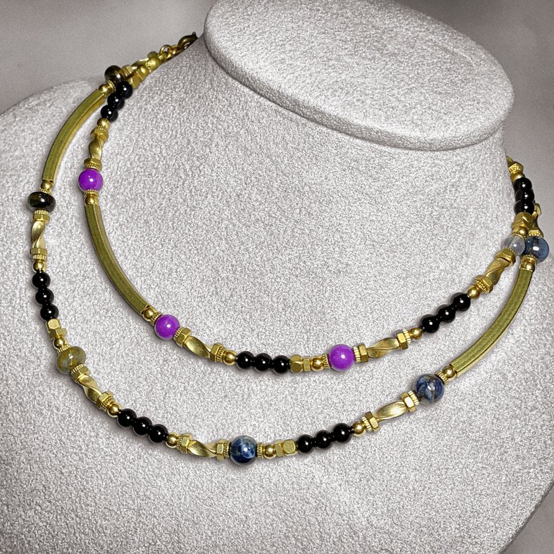 复古系列 半宝石 黄铜方管两圈手链&颈链 - 手链/手环 - 半宝石 