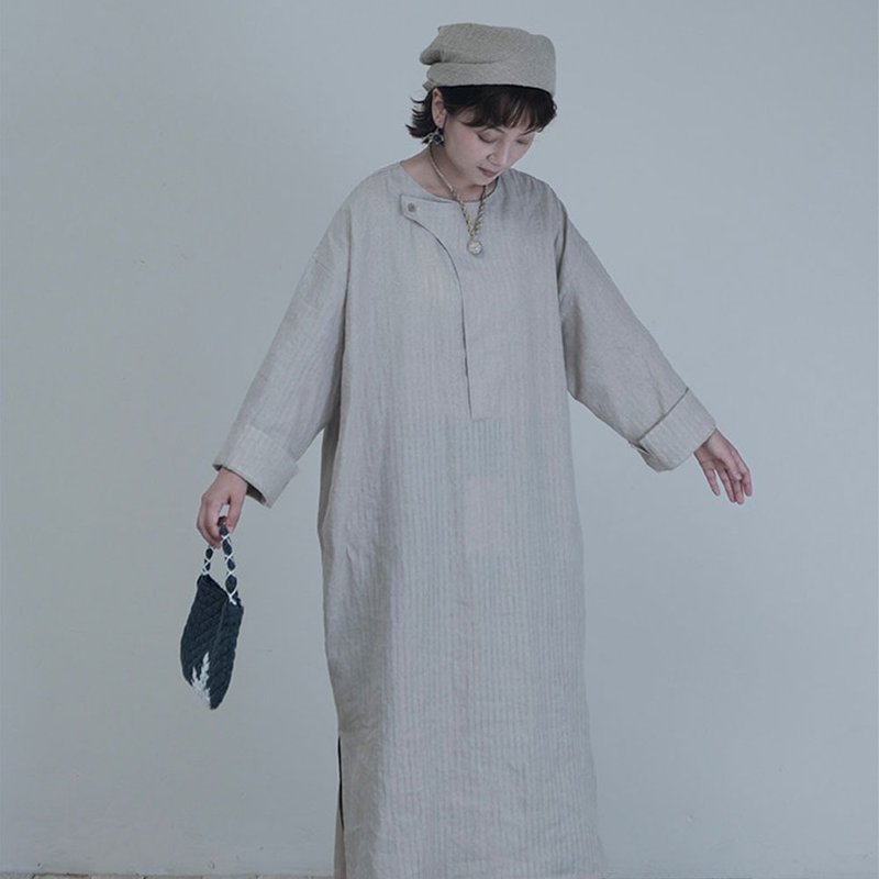 復古禪意亞麻連衣裙 / 打攪顯瘦寬鬆長款 / 文藝設計感袍子 - 洋装/连衣裙 - 棉．麻 灰色