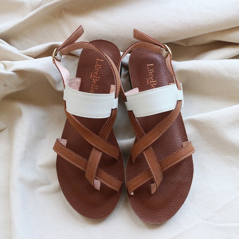 【十里南方】羊皮罗马凉鞋-棕白色 - 男女凉鞋 - 真皮 咖啡色