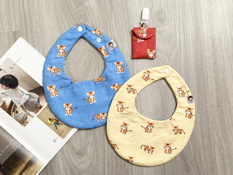 圆耳萌萌小虎宝 围兜兜 口水巾 双兜组 - 围嘴/口水巾 - 棉．麻 