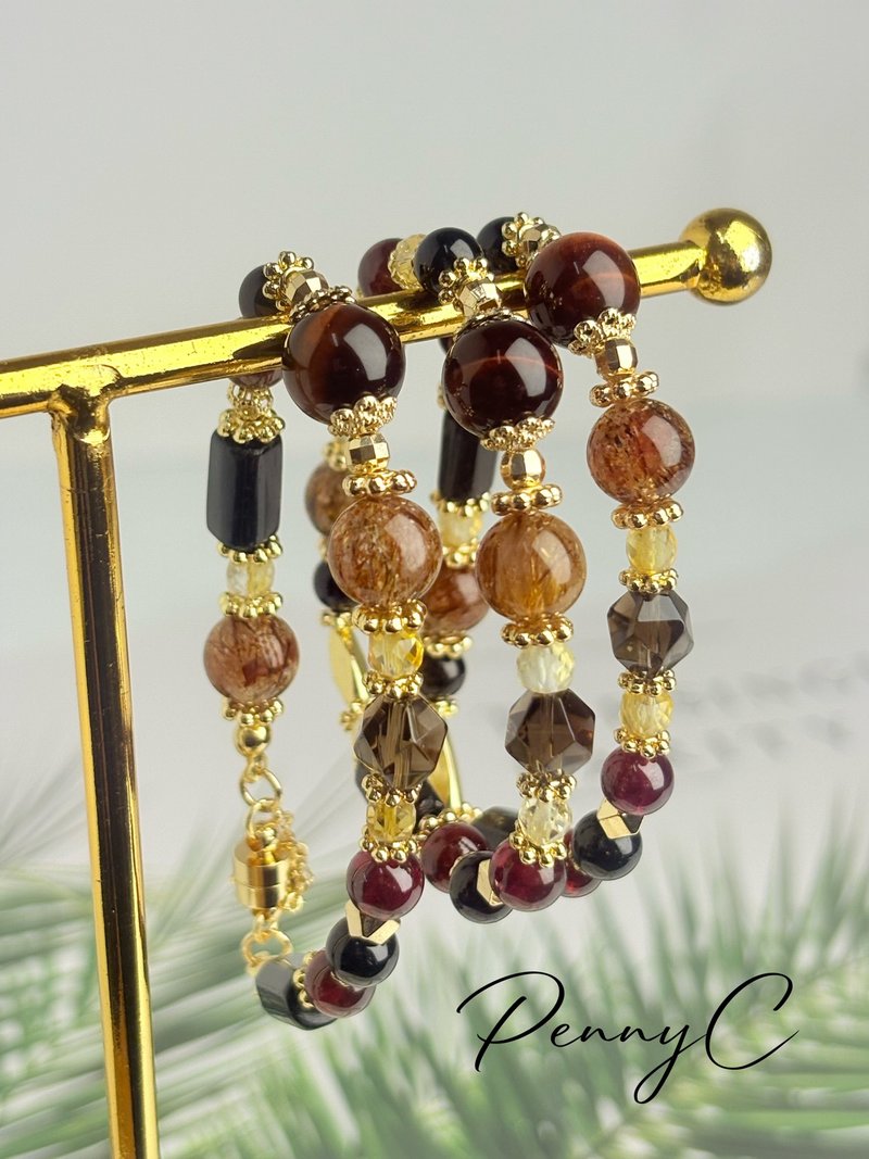 红虎眼 黑碧玺 紫牙乌石榴石 黑金发 黄水晶 招财防小人水晶手链 - 手链/手环 - 水晶 