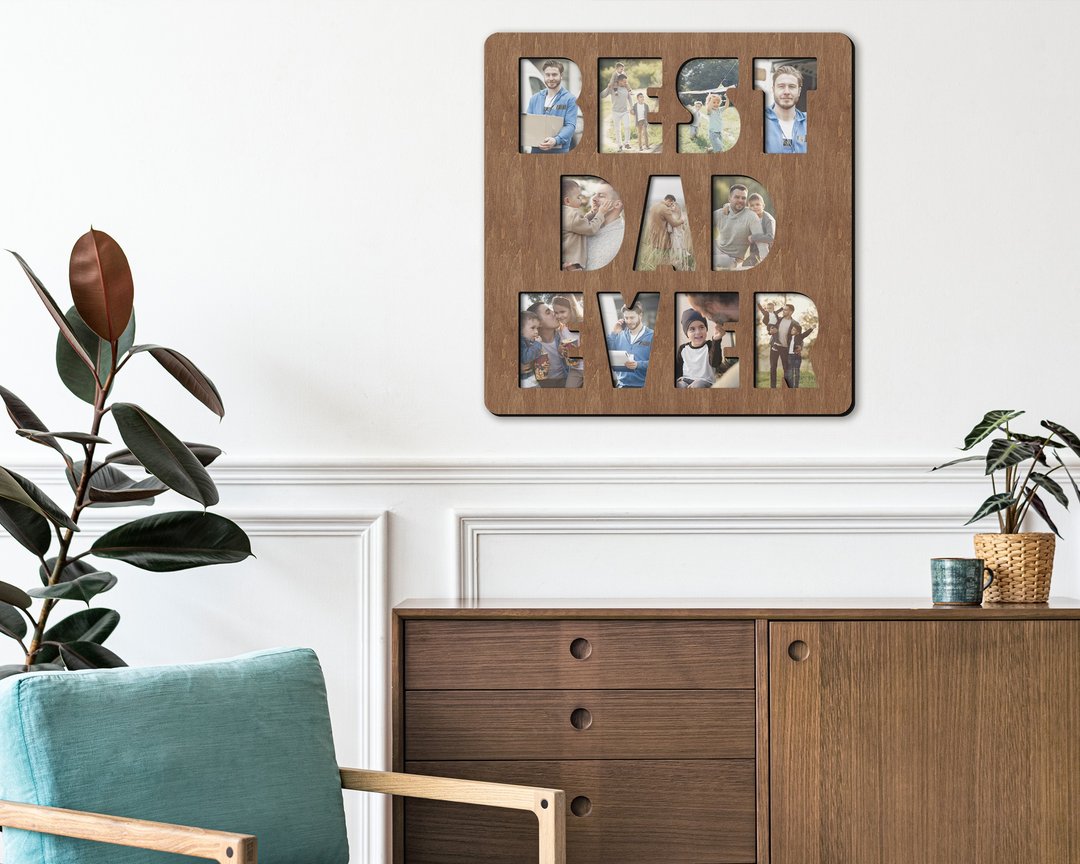 Wooden Best Dad Ever sign Wall-mounted photo frame collage 11 frames 10x15cm - 画框/相框 - 木头 咖啡色