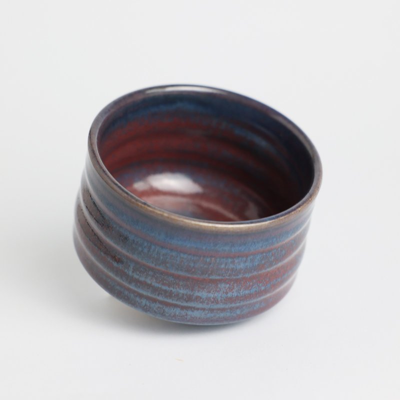 明芽窑 l 柴烧灰蓝铜红璇纹茶碗 蓝 红 搜藏品 陶器 T - 茶具/茶杯 - 陶 蓝色