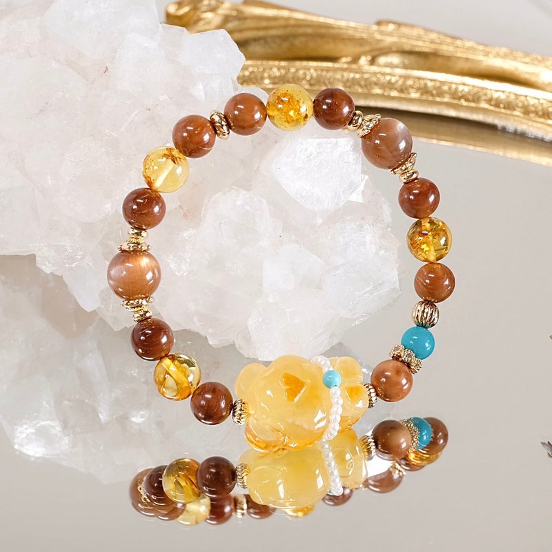 花珀 蜜蜡 库克 金骨干 绿松石 小熊 手链 天然矿石水晶 一图一物 - 手链/手环 - 树脂 咖啡色