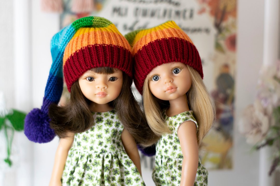 Rainbow striped hat for doll Paola Reina,cap with pompom, 针织帽, St. Patrick's Day - 玩具/玩偶 - 羊毛 多色