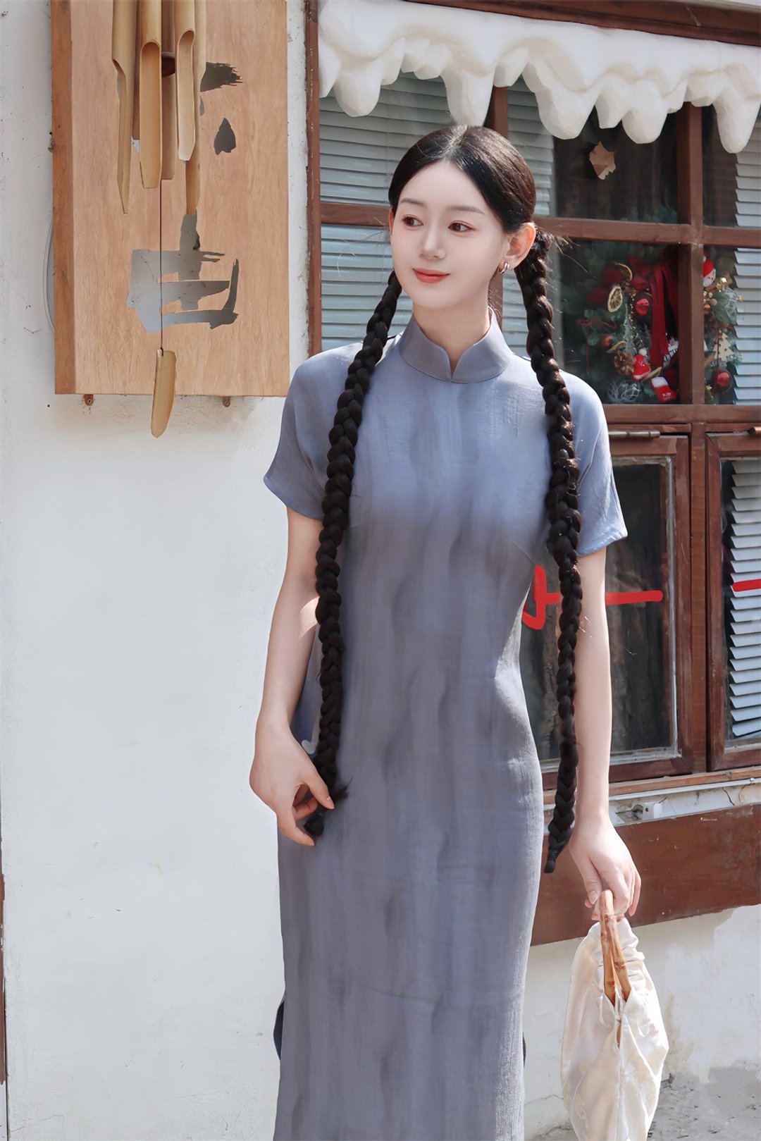 藍色 炒色棉麻透氣日常改良旗袍 後腰省顯白短袖洋裝裙 - 旗袍 - 棉 蓝色