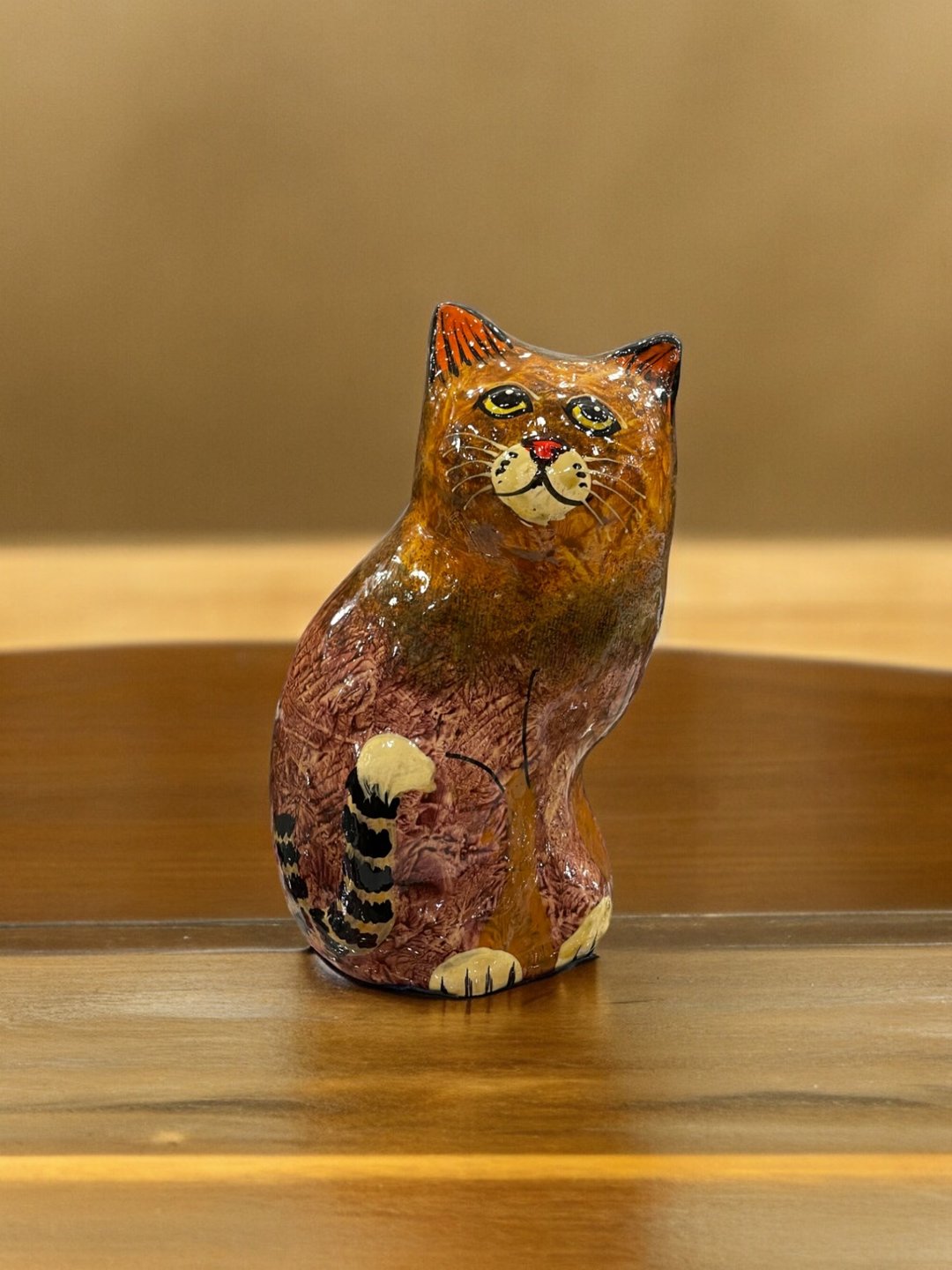 印度喀什米尔 手工漆纸器 彩绘猫咪摆饰 - 狸花猫 - 摆饰 - 木头 咖啡色