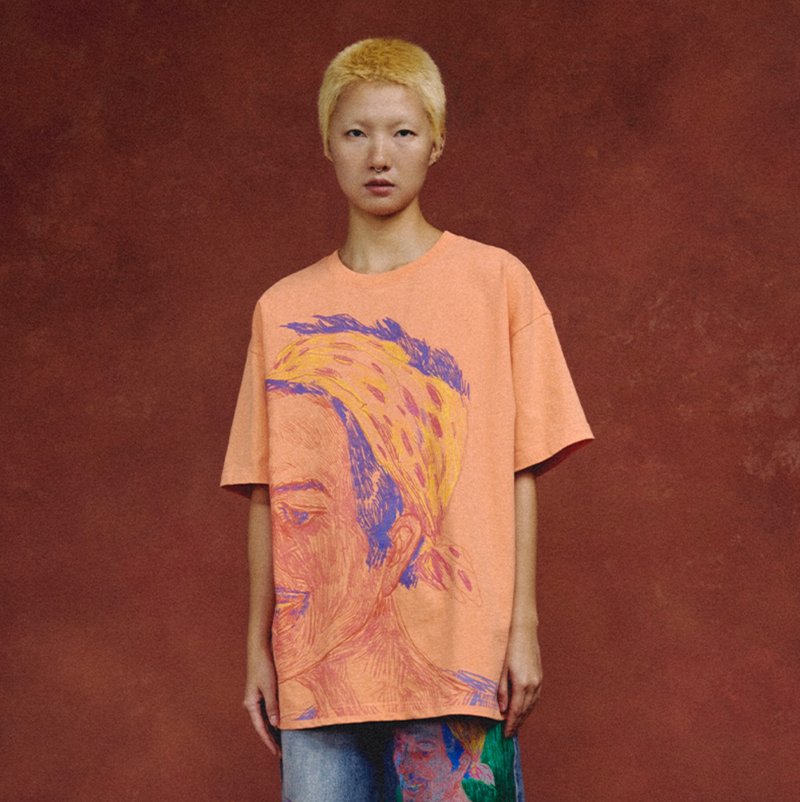 Countrywoman Painting T-Shirt 妇人线条插画短袖T恤 - 中性连帽卫衣/T 恤 - 其他材质 橘色