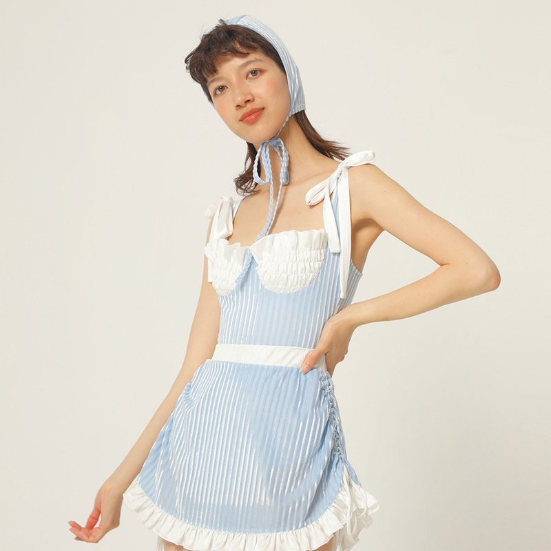 清爽蓝白条纹 连体泳衣 附遮肚泳裙及泳帽 - 女装泳衣/比基尼 - 其他材质 多色
