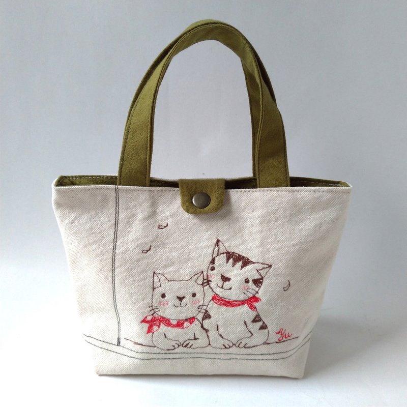 手工车绣插画小提包 甜蜜猫--托特包  手提包 - 手提包/手提袋 - 棉．麻 白色