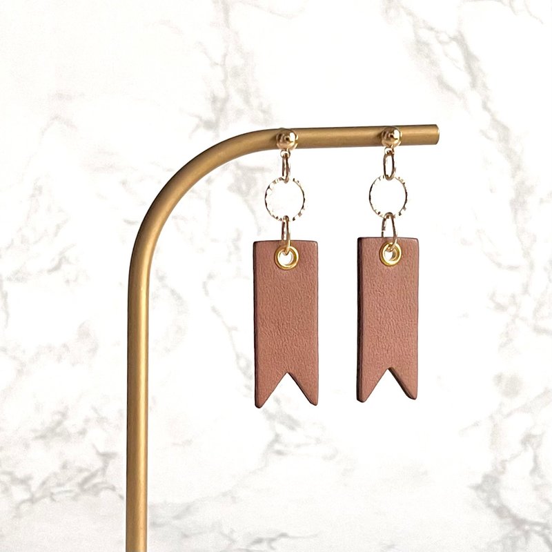 缎带耳针/耳夹闪光耳环 /// 真皮 金属过敏兼容 - 耳环/耳夹 - 真皮 咖啡色