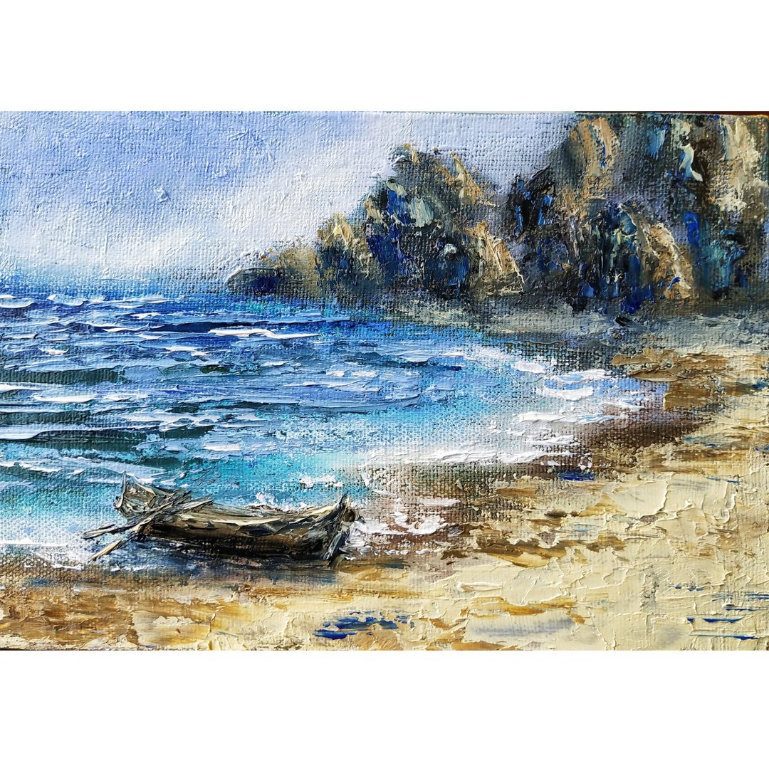 Boat Painting Coast Original Art Beach Oil Painting 20x30 cm - 墙贴/壁贴 - 棉 多色