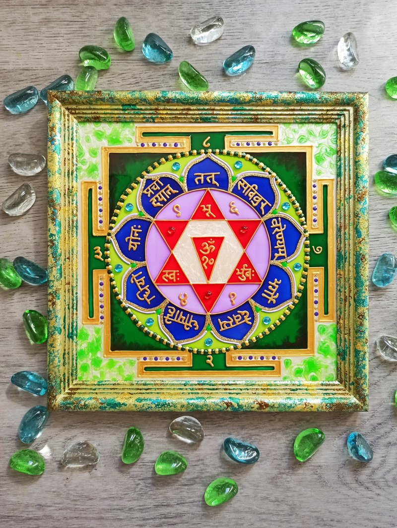 手绘Gayatri yantra Saraswati吠陀占星术冥想瑜伽艺术Vastu - 墙贴/壁贴 - 玻璃 绿色