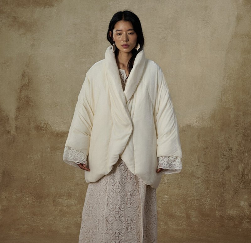 【90白鸭绒】新中式复古 丝绒翻领羽绒服 - 女装休闲/机能外套 - 羽绒 白色