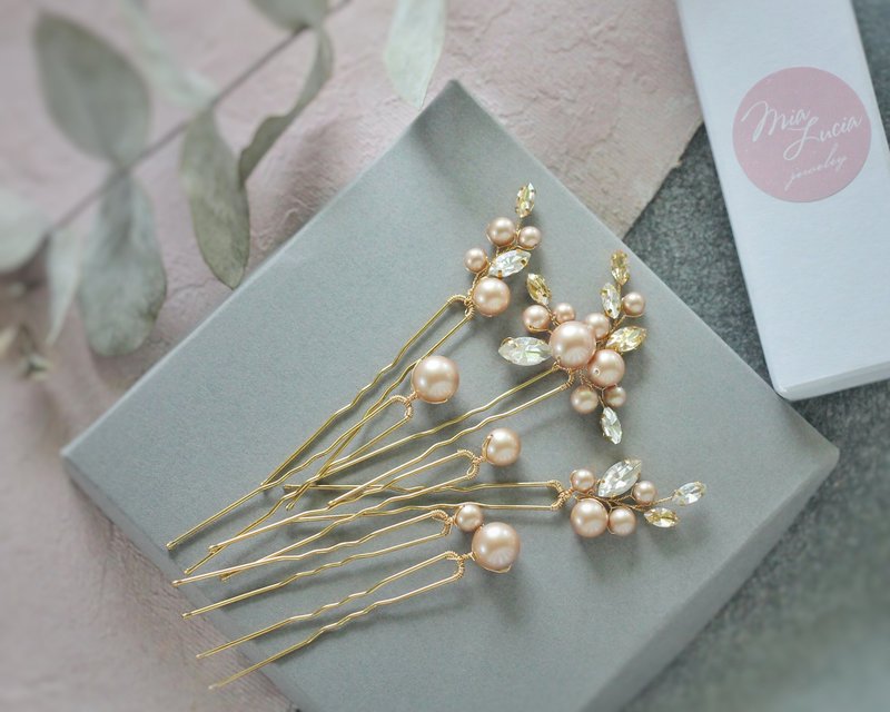 Champagne Bridal Hair Pin set / Gold Wedding Hair Accessories for Bride - 发饰 - 玻璃 金色