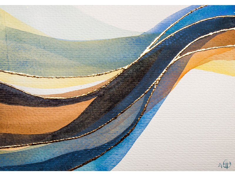 Abstract Landscape Watercolor Original Painting Turkish Blue Terracotta Art - 海报/装饰画/版画 - 纸 橘色