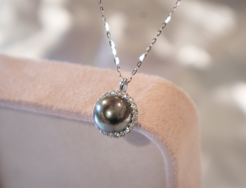 大溪地9.1mm天然海水黑珍珠18k金-天然钻石吊坠项链 - 戒指 - 珍珠 绿色