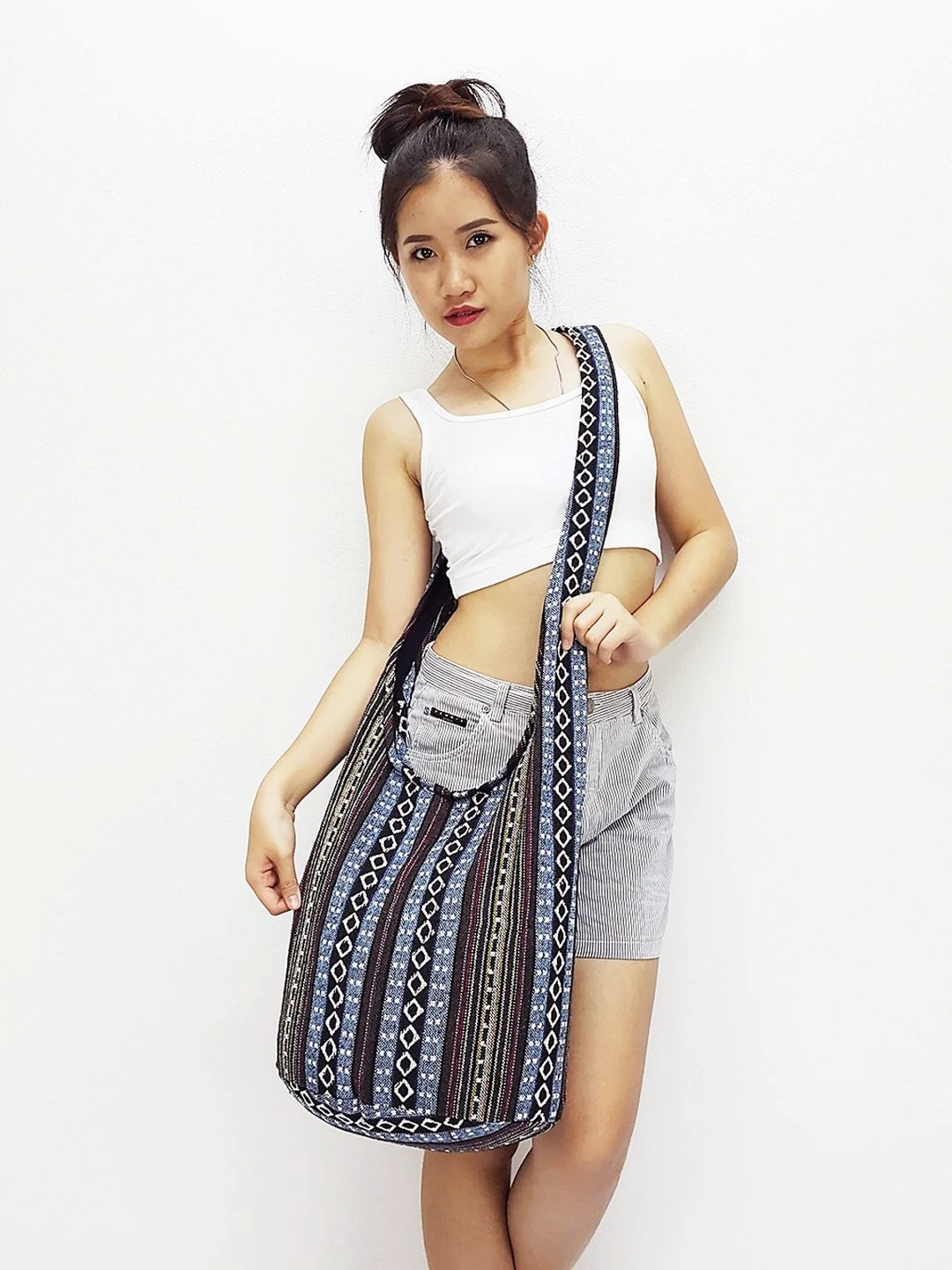 Woven Cotton Bag Shoulder bag Long Strap Crossbody bag Black & Gray Unisex - 其他 - 其他材质 灰色