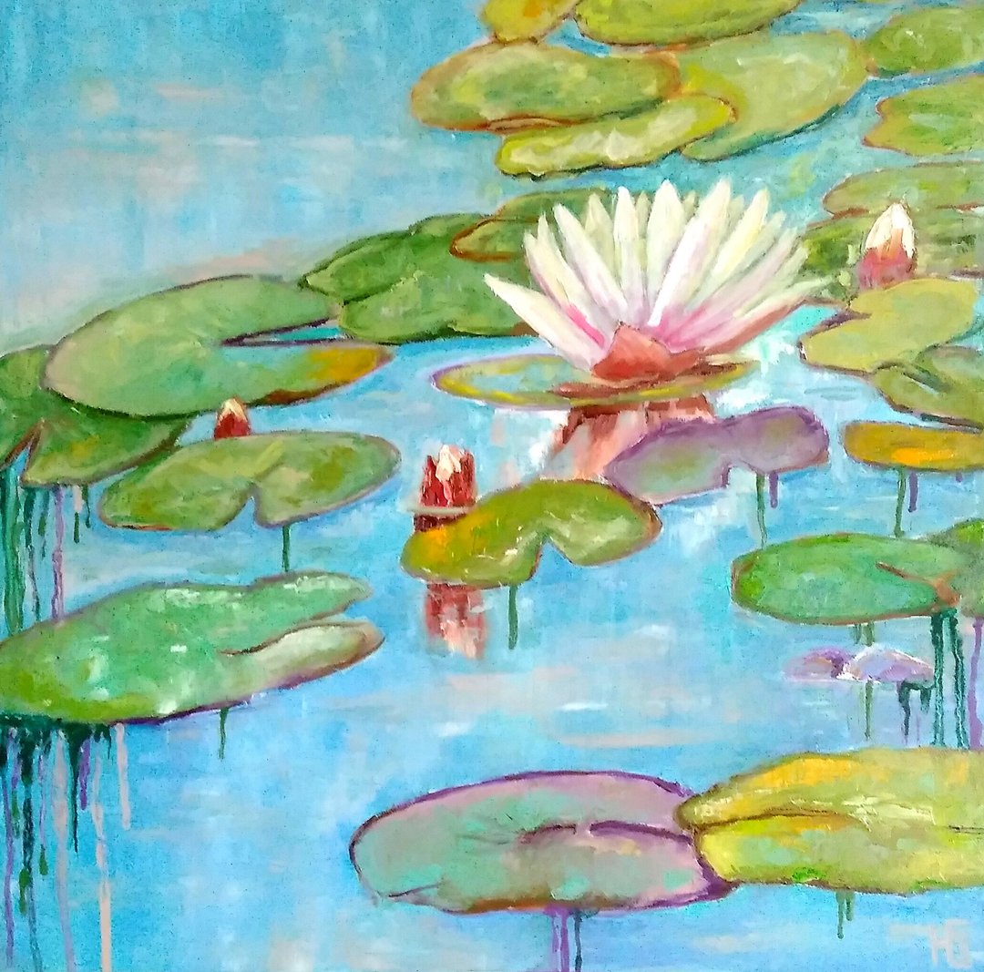 Water Lily Painting Original Art, Lotus Floral Wall Art, Monet Pond Landscape - 海报/装饰画/版画 - 棉 多色