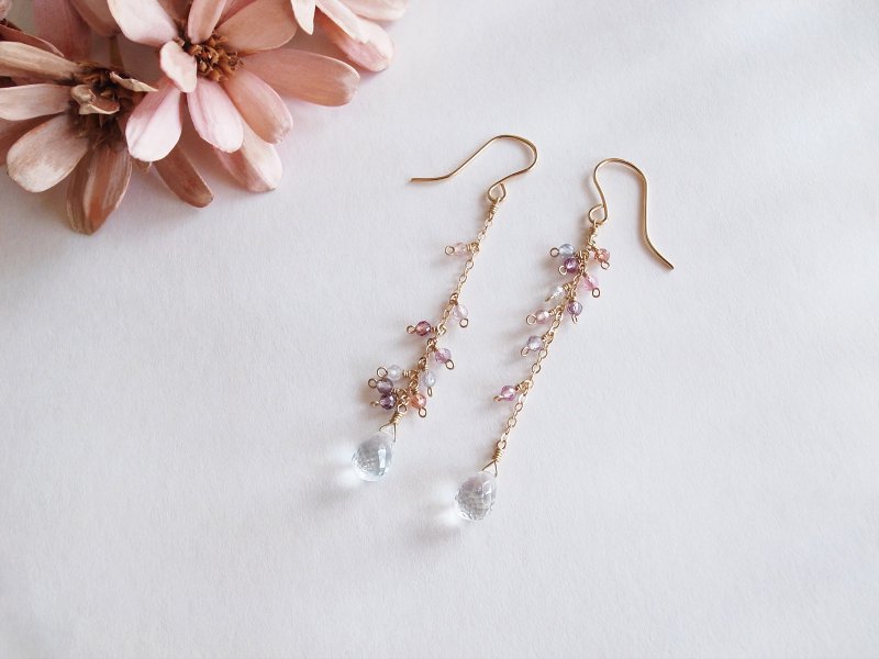 14KGF 托帕石×彩色尖晶石 天然石耳环 长款 - 耳环/耳夹 - 宝石 粉红色