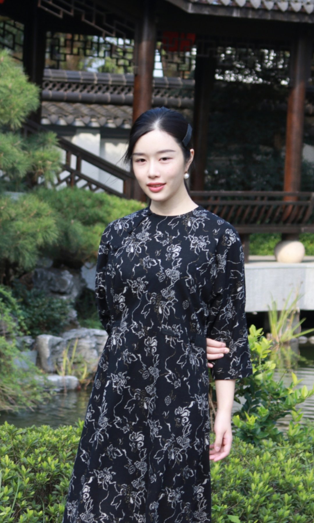 中式改良旗袍连衣裙 国风复古盘扣 针织弹力 腰间盘扣收腰 - 洋装/连衣裙 - 其他材质 黑色