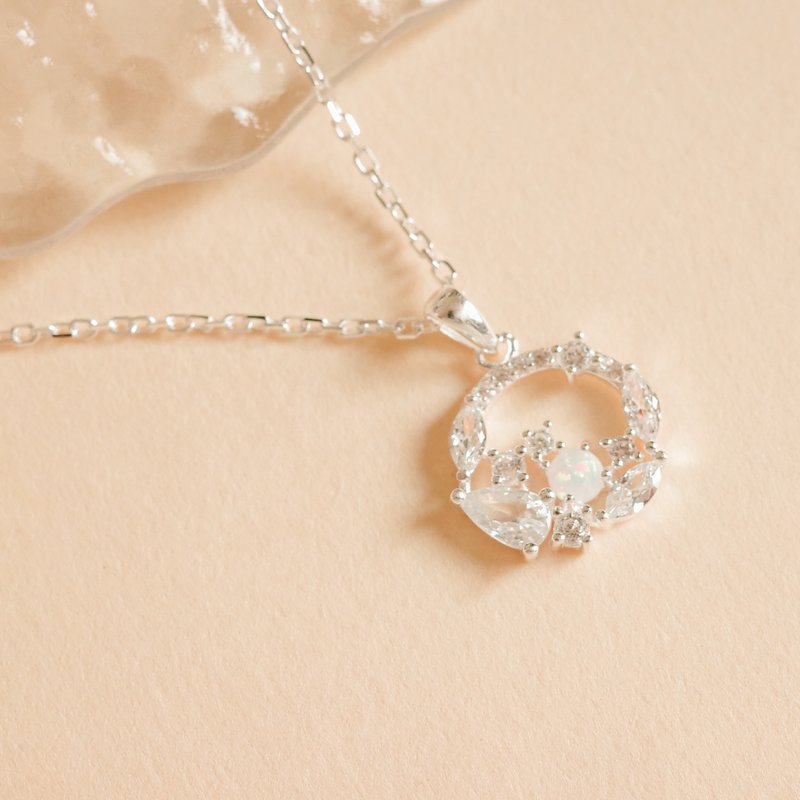 925纯银 花圈蛋白石项链 opal颈链 情人节礼物 免费礼盒包装 - 项链 - 纯银 银色