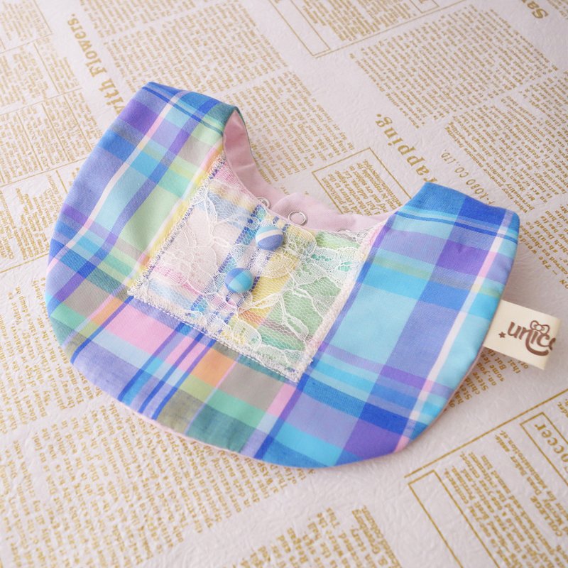 女宝的梦幻格纹蕾丝围兜-手工限量制作 口水巾 花童 明unicorn 浪漫风 收延 弥月礼 - 围嘴/口水巾 - 棉．麻 蓝色