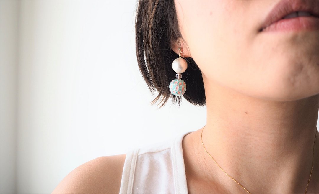 tachibanaya May Japanese Temari earrings Pink Mint green Cotton pearl - 耳环/耳夹 - 绣线 粉红色