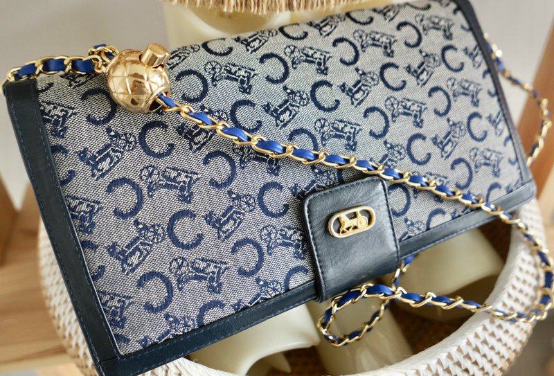 稀有 - 蓝色Celine中古古董老花长方形手拿包/斜背包 - 附背带 - 侧背包/斜挎包 - 真皮 蓝色