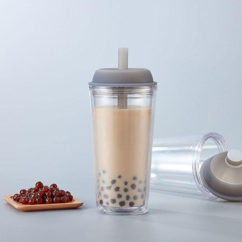 YCCT啵啵杯710ml- 芝麻灰 -可收纳吸管的双层吸管杯 台湾设计制造 - 水瓶/水壶 - 塑料 灰色